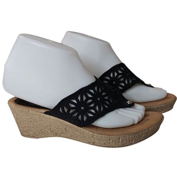 SPRING STEP Black Leather Comfort Sandals Wedge Thong 38/8 Summer Vacation Beach - Picture 9 of 10